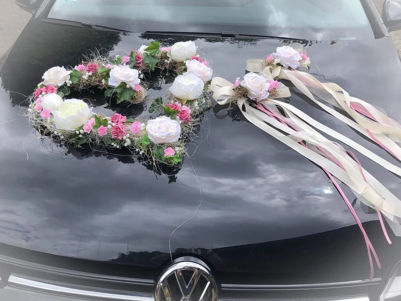 Hochzeit Brautauto Set 3-teilig – Autoschmuck Pfingstrose Seidenblumen