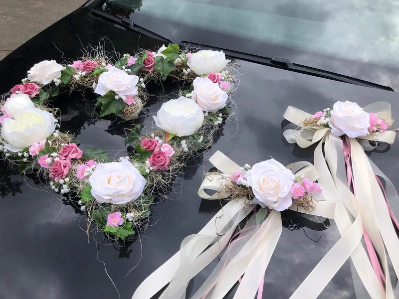 Hochzeit Brautauto Set 3-teilig – Autoschmuck Pfingstrose Seidenblumen