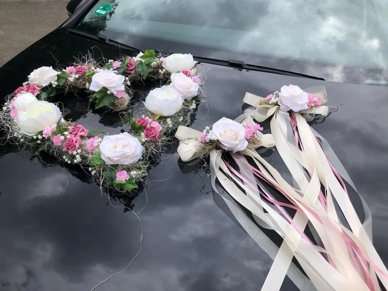 Hochzeit Brautauto Set 3-teilig – Autoschmuck Pfingstrose Seidenblumen