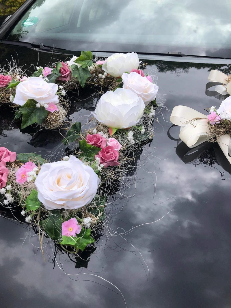 Hochzeit Brautauto Set 3-teilig – Autoschmuck Pfingstrose Seidenblumen