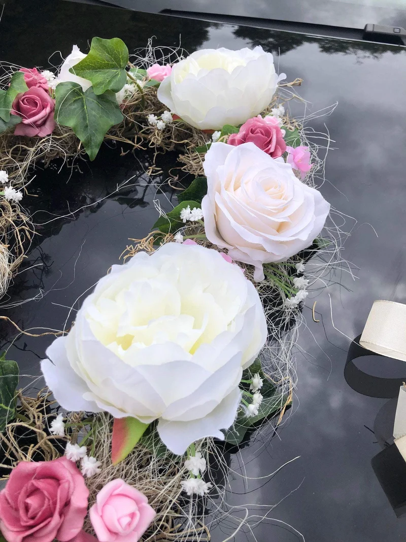 Hochzeit Brautauto Set 3-teilig – Autoschmuck Pfingstrose Seidenblumen