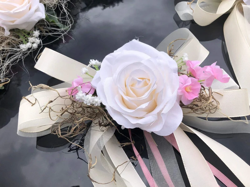 Hochzeit Brautauto Set 3-teilig – Autoschmuck Pfingstrose Seidenblumen