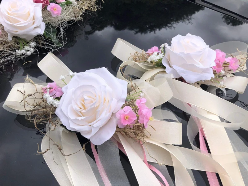 Hochzeit Brautauto Set 3-teilig – Autoschmuck Pfingstrose Seidenblumen