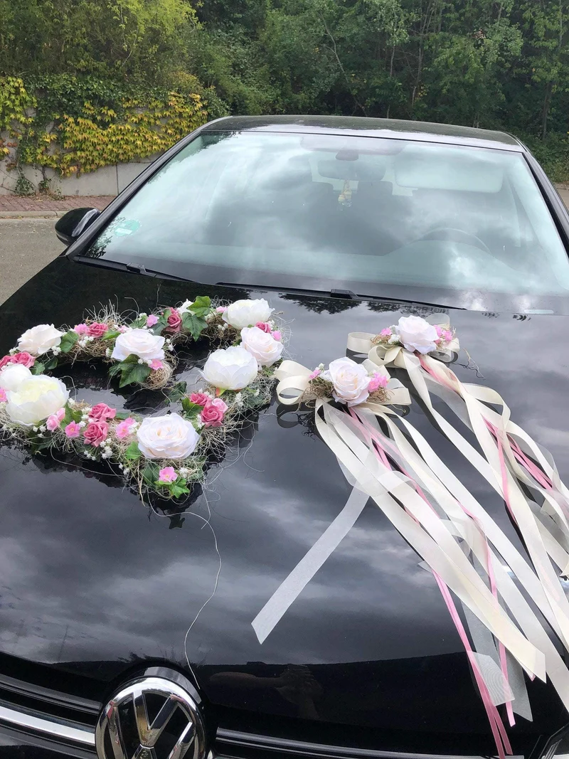 Hochzeit Brautauto Set 3-teilig – Autoschmuck Pfingstrose Seidenblumen