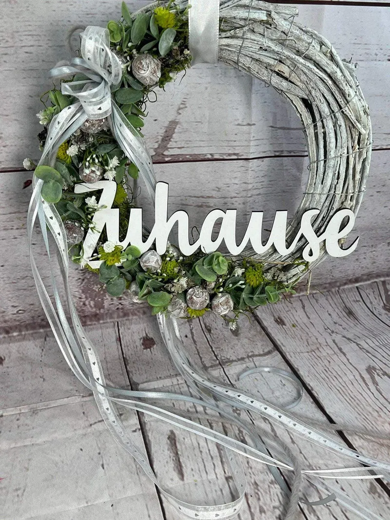 Türkranz Frühling modern mit Eukalyptus & Schriftzug – Frühlingsdeko Seidenblumen