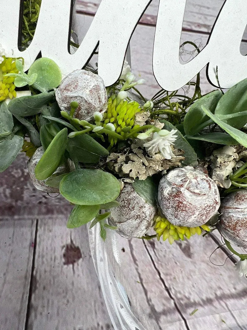 Türkranz Frühling modern mit Eukalyptus & Schriftzug – Frühlingsdeko Seidenblumen