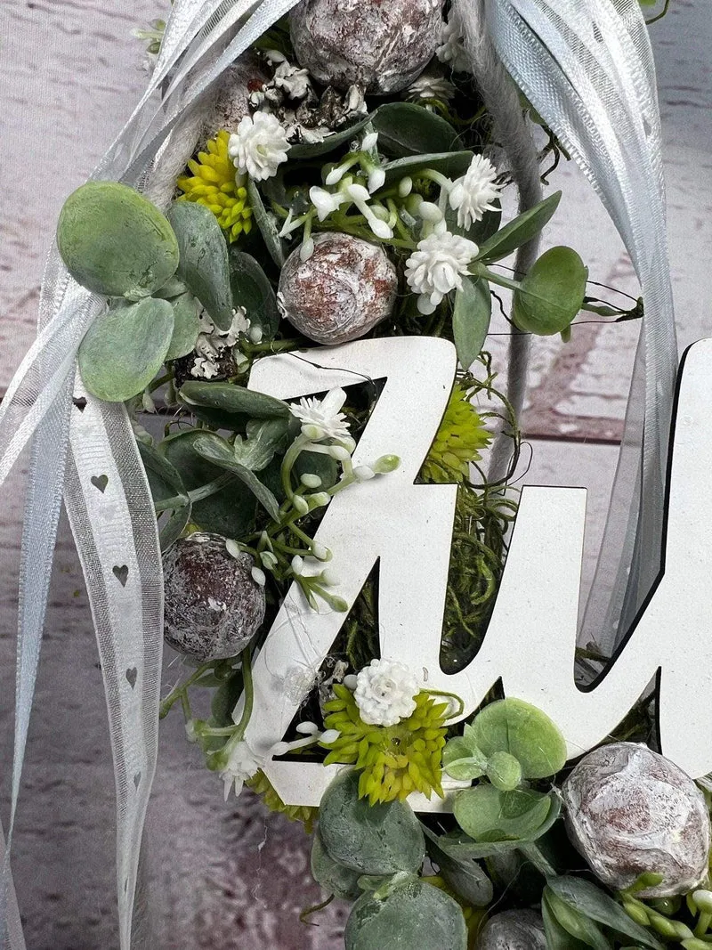 Türkranz Frühling modern mit Eukalyptus & Schriftzug – Frühlingsdeko Seidenblumen