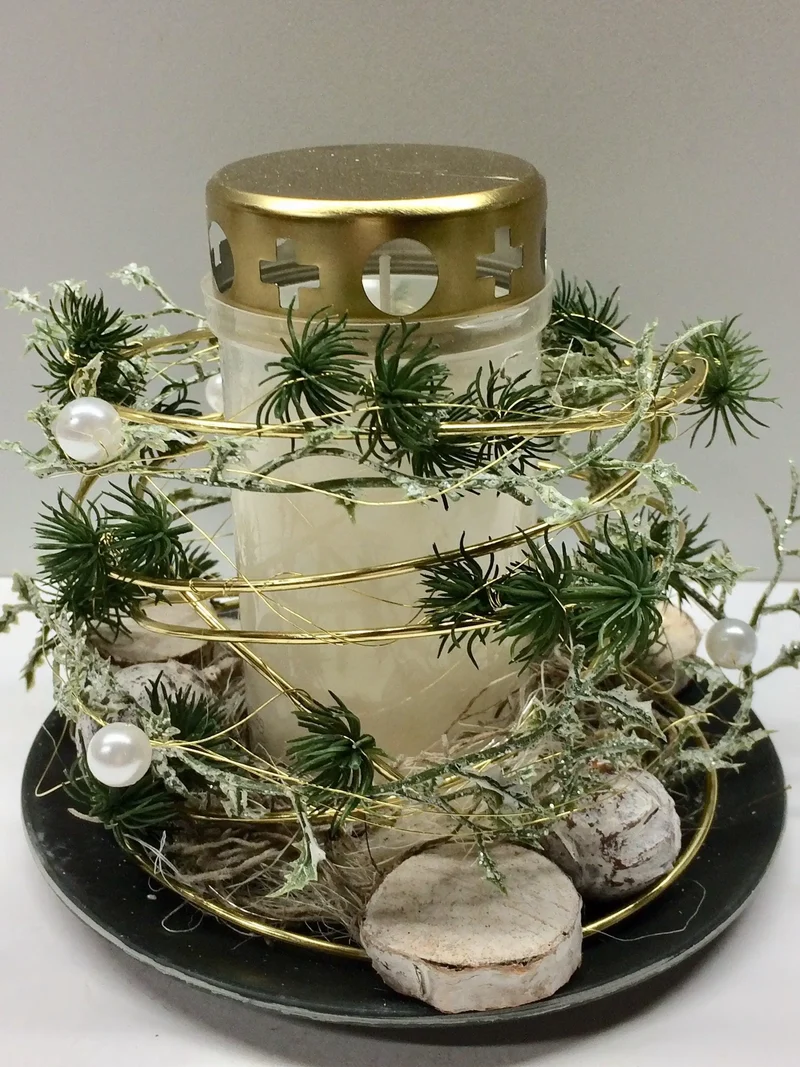 Grabgesteck 20cm Florales Windlicht – Grabschmuck Seidenblumen wetterfest