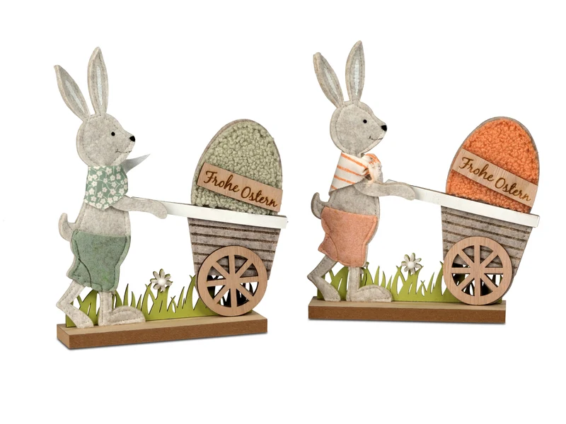 formano Osterhase mit Karre „Frohe Ostern” 2er Set 18x26cm – Filz mit Holz & Textil