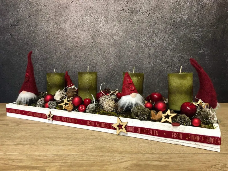 Adventsgesteck länglich mit Wichtel – Tablett Tischdeko Advent mehrjährig
