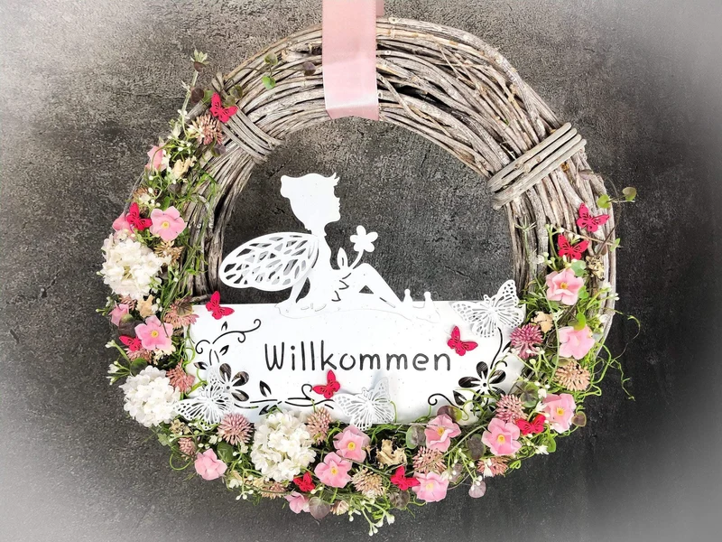 Türkranz Seidenblumen Welcome – Haustürdeko handgefertigt