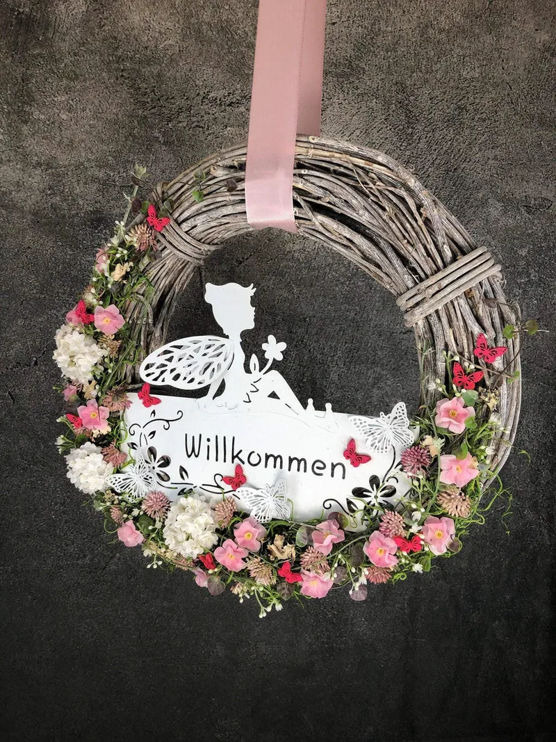 Türkranz Seidenblumen Welcome – Haustürdeko handgefertigt