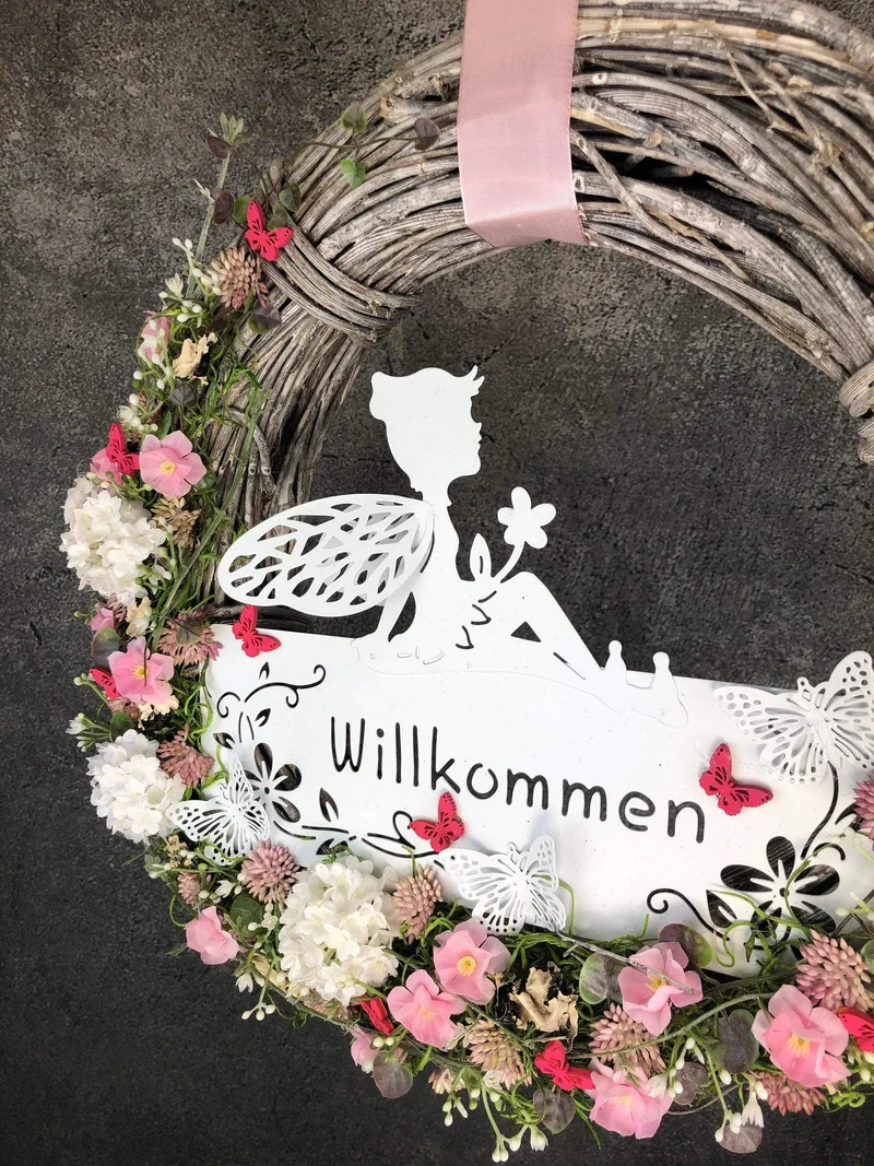 Türkranz Seidenblumen Welcome – Haustürdeko handgefertigt