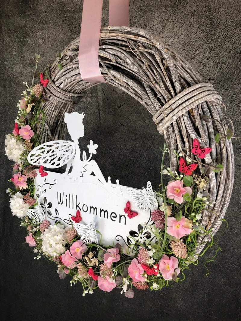 Türkranz Seidenblumen Welcome – Haustürdeko handgefertigt