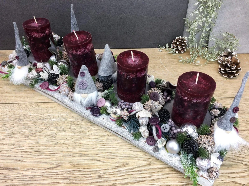 Längliches Adventsgesteck mit Wichtel – Tablett Advent mehrjährig