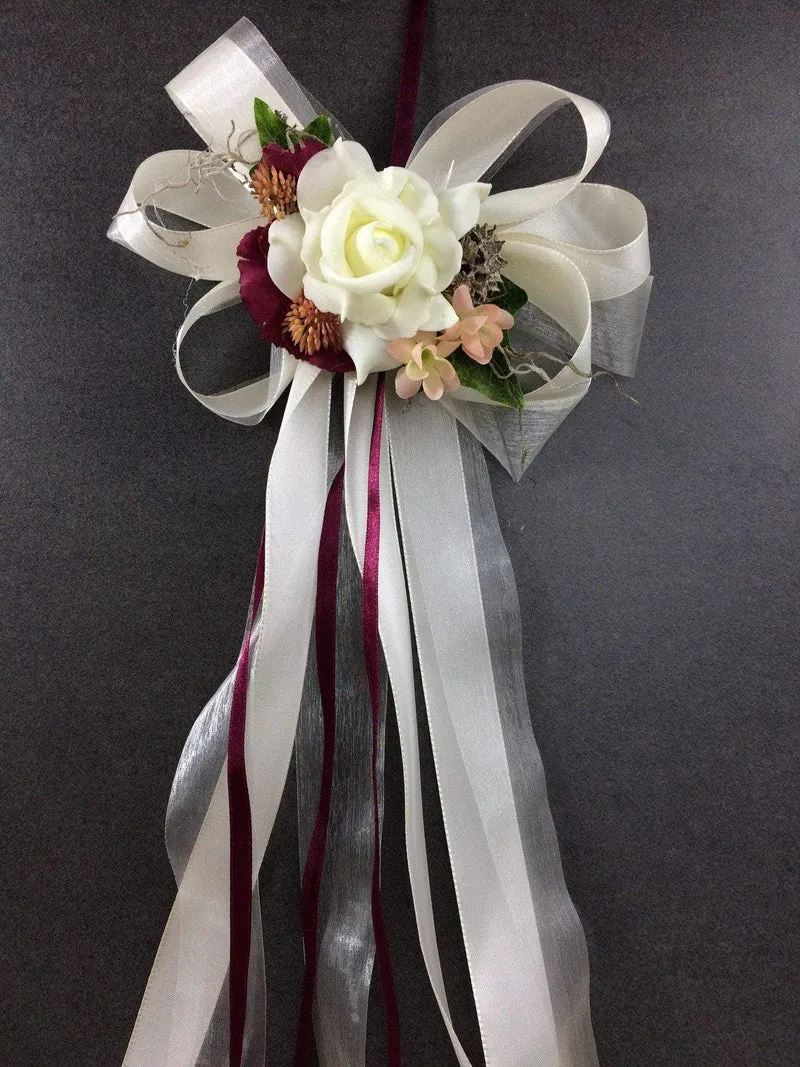Seidenblumen Hochzeit Schleifen 2er Set – Autoschmuck Brautauto