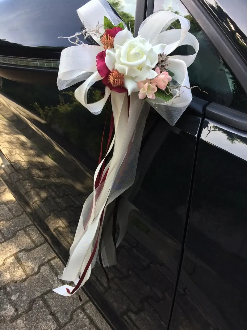 Seidenblumen Hochzeit Schleifen 2er Set – Autoschmuck Brautauto
