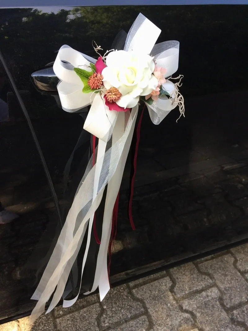 Seidenblumen Hochzeit Schleifen 2er Set – Autoschmuck Brautauto