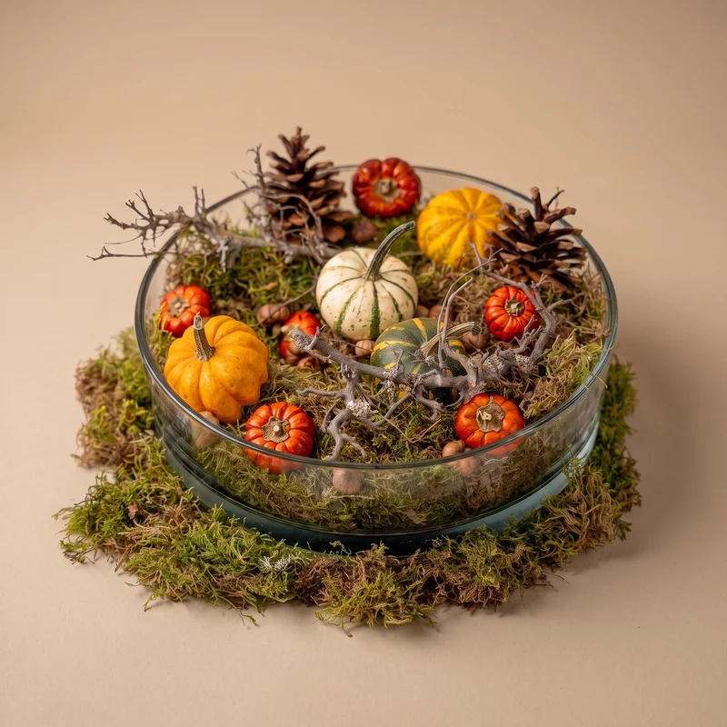 Autumn bowl Large - Glass Ø 29 cm with pumpkins, moss, cones