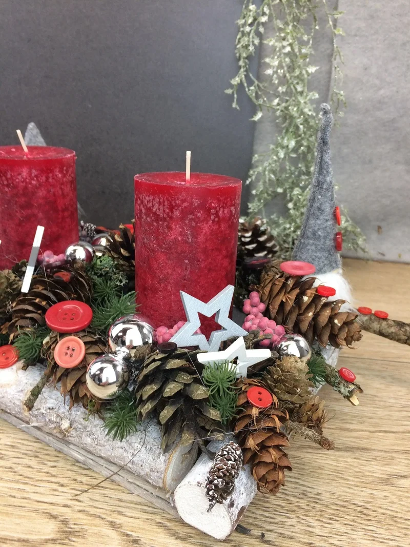 Adventsgesteck Tablett Wichtel – länglich Advent Kerzen handgefertigt