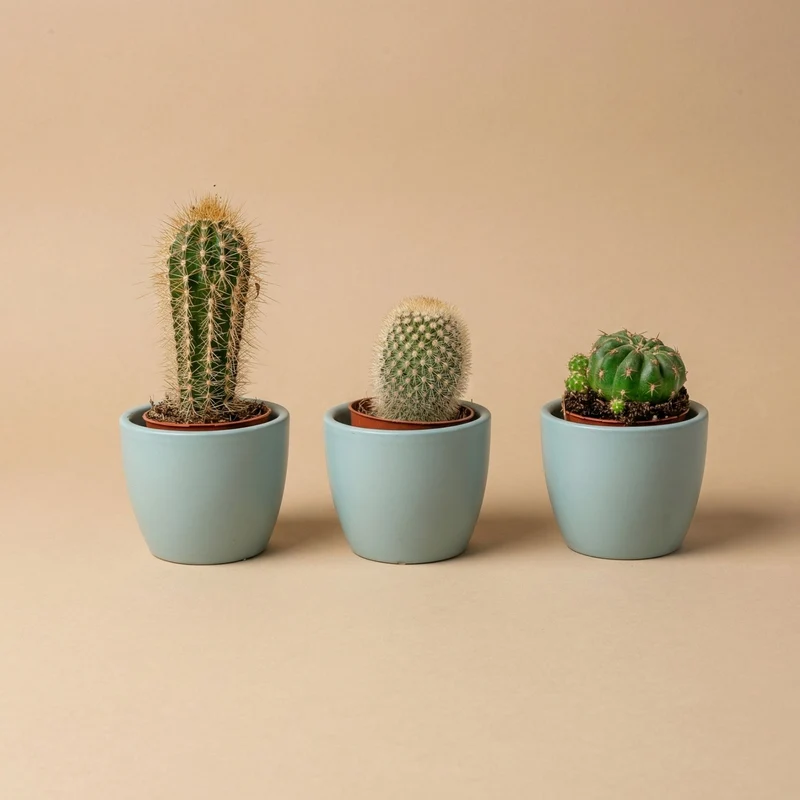 Plant set of 3 with mini pot - Blue/white - Mixed Cacti - Ø 6 cm