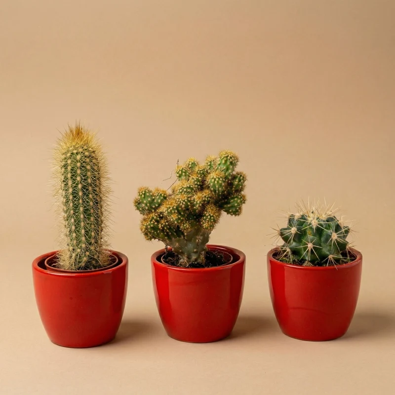 Cactus Set of 3 with Red Mini Pot - Mixed Live Cacti - ↑ 8–12 cm