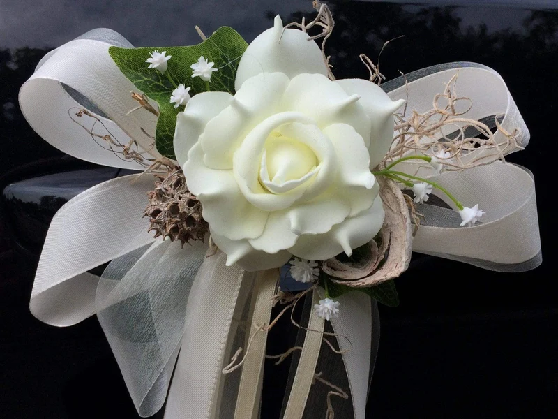 Autoschmuck Hochzeit 3-teilig Seidenblumen – Herz Schleifen Set