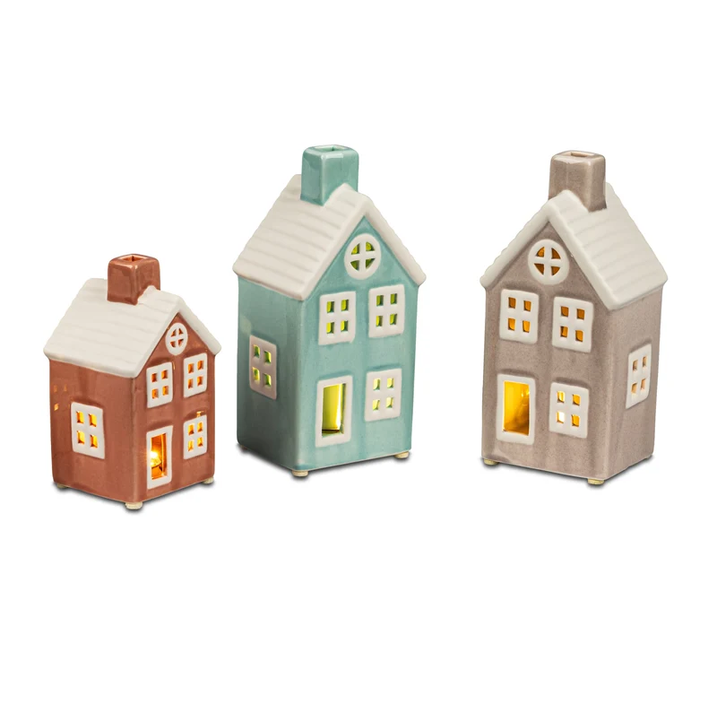 Deko-Haus mit LED-Licht + Timer 8 x 15cm 3er Set