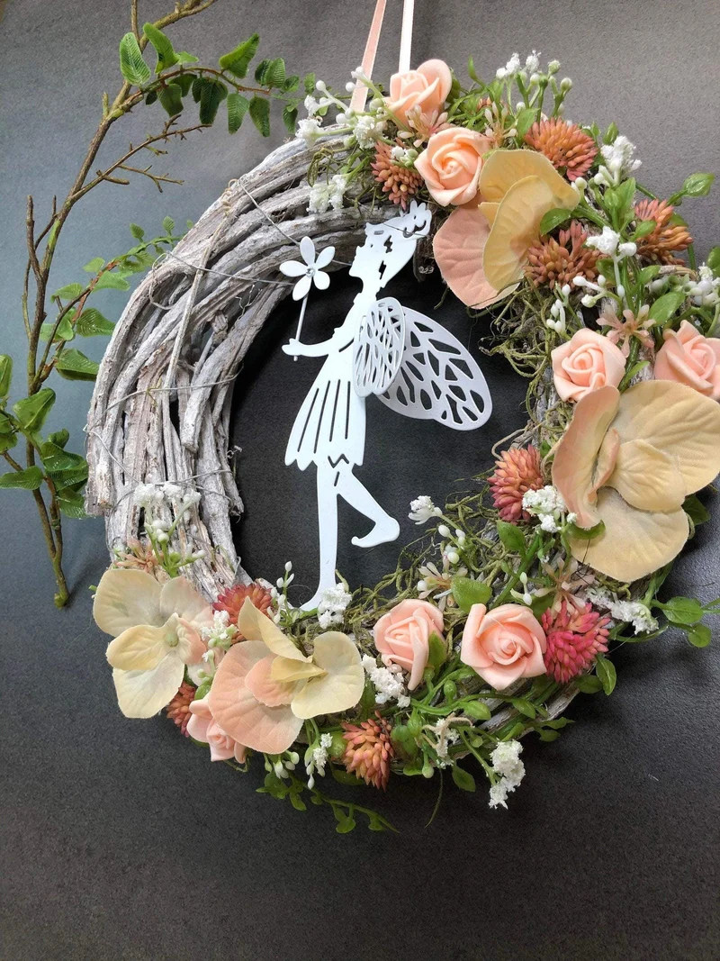 Herbst Türkranz mit Rose & Schleierkraut – Seidenblumen Haustürdeko