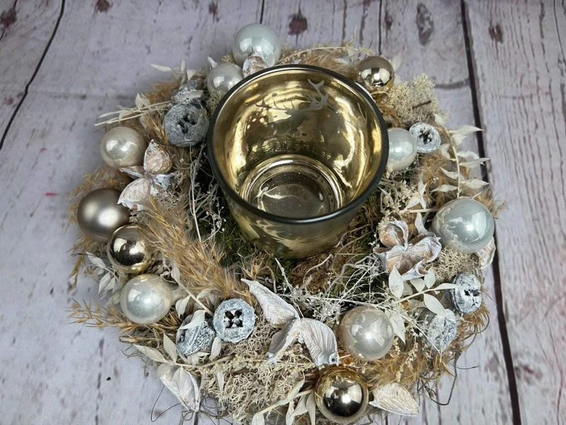 Adventsgesteck 23cm mit Windlicht – Trockenblumen und Naturmaterialien
