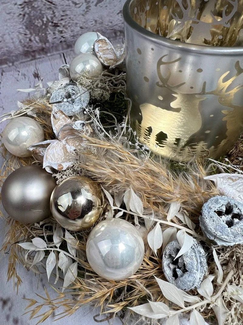 Adventsgesteck 23cm mit Windlicht – Trockenblumen und Naturmaterialien