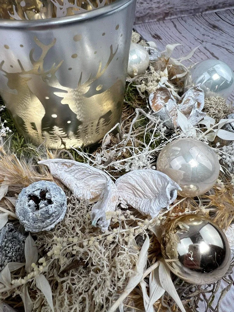 Adventsgesteck 23cm mit Windlicht – Trockenblumen und Naturmaterialien