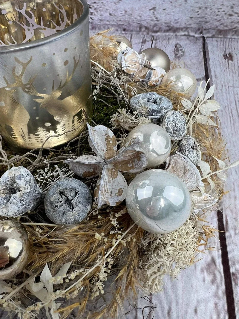 Adventsgesteck 23cm mit Windlicht – Trockenblumen und Naturmaterialien