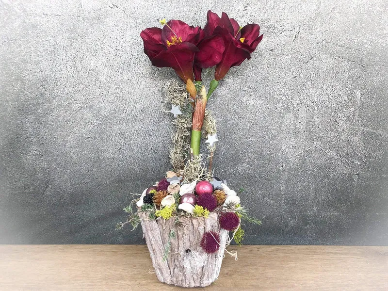 Adventsgesteck Amaryllis – Weihnachtsdeko mit Kerze und Naturmaterialien