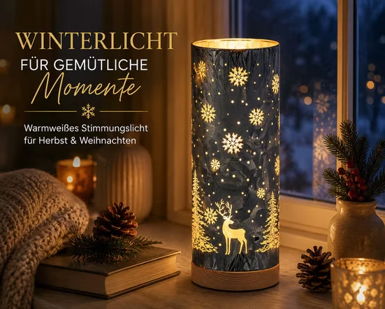 LED Tischlampe WINTERBLAU mit Hirsch und Tannen H. 25cm aus Glas Formano