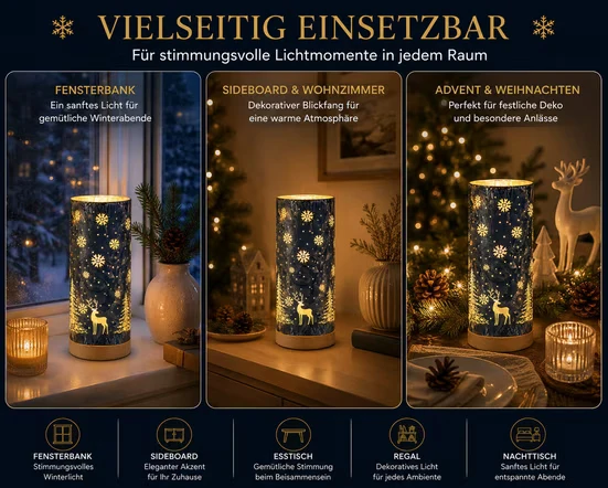 LED Tischlampe WINTERBLAU mit Hirsch und Tannen H. 25cm aus Glas Formano