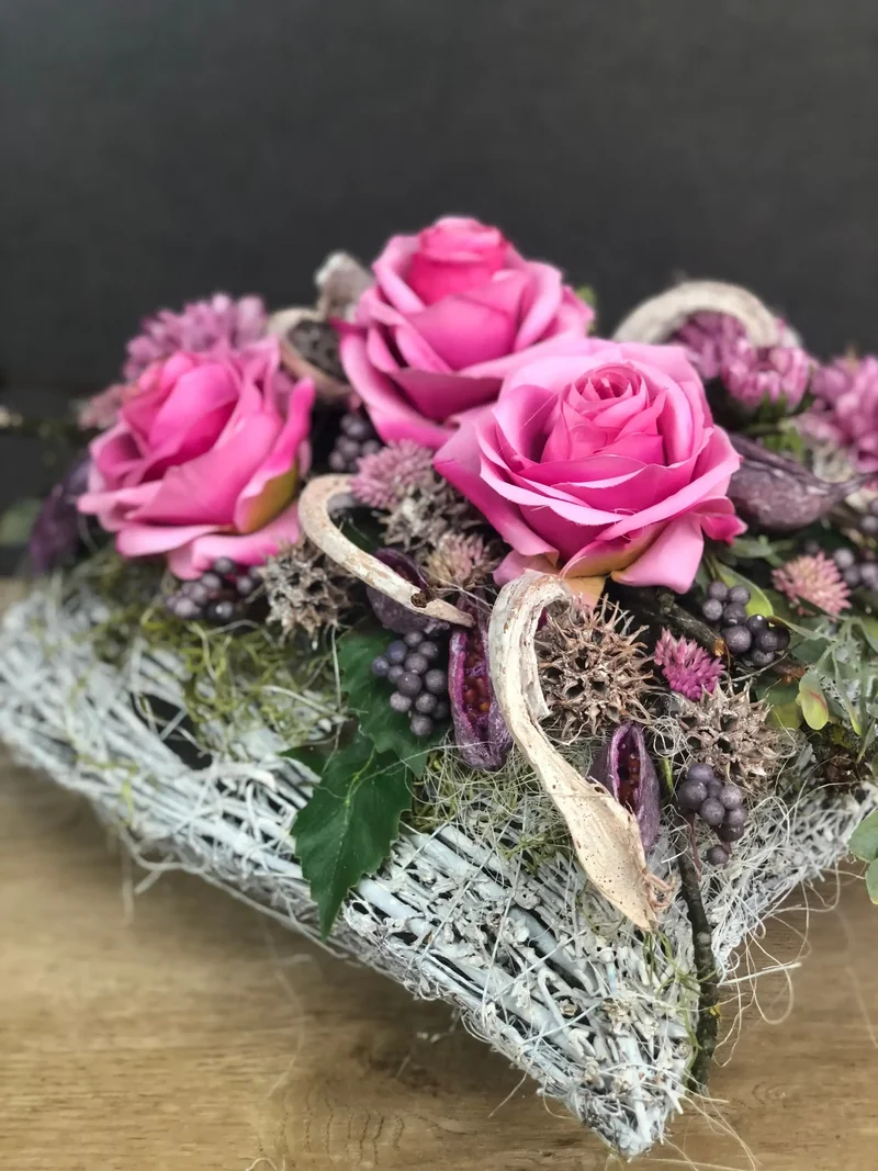 Grabherz Rose – Grabschmuck Seidenblumen langlebig – für Außenbereich