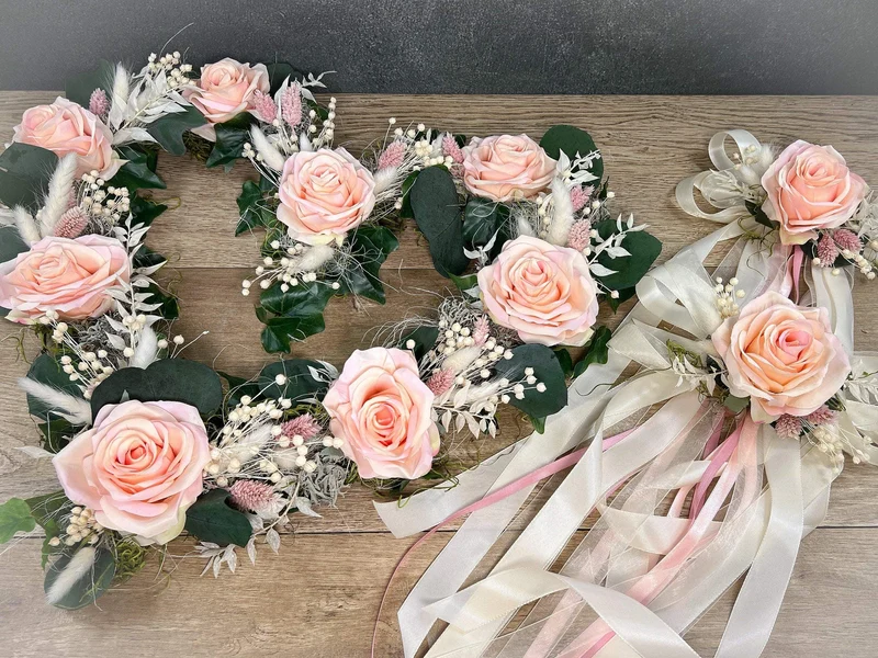 Seidenblumen Hochzeit Autoschmuck 3er Set – Brautauto Deko