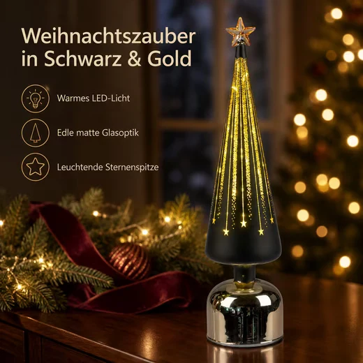LED Dekolicht Weihnachtsbaum drehend Baum 38 cm schwarz-gold aus Farbglas mit Timer