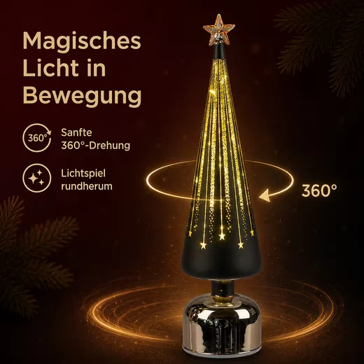 LED Dekolicht Weihnachtsbaum drehend Baum 38 cm schwarz-gold aus Farbglas mit Timer
