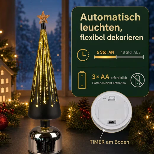 LED Dekolicht Weihnachtsbaum drehend Baum 38 cm schwarz-gold aus Farbglas mit Timer