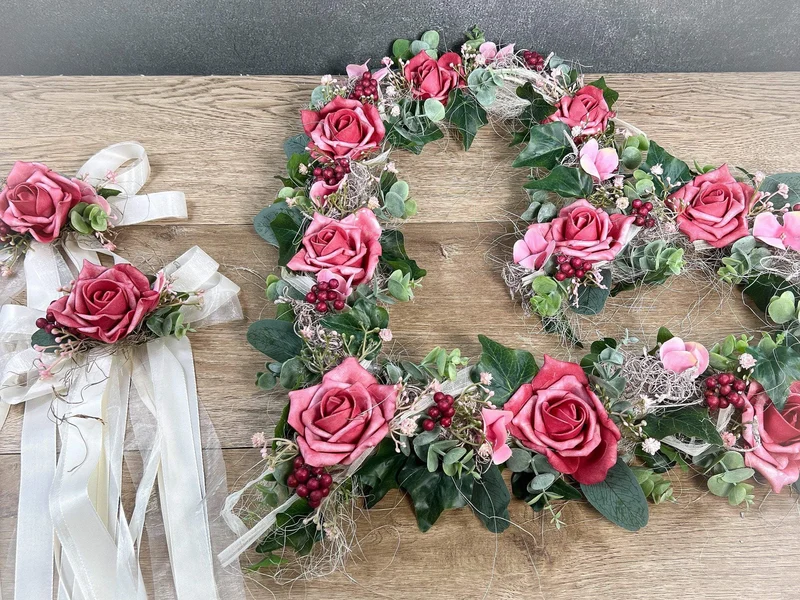 Brautauto Deko Set 3-teilig Hochzeit – Eukalyptus Seidenblumen handgef