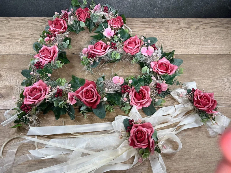 Brautauto Deko Set 3-teilig Hochzeit – Eukalyptus Seidenblumen handgef