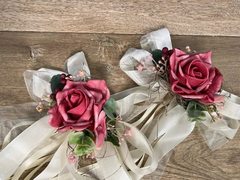 Brautauto Deko Set 3-teilig Hochzeit – Eukalyptus Seidenblumen handgef