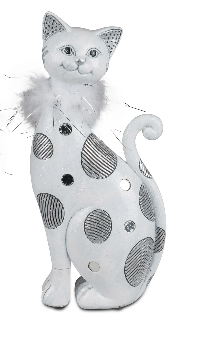formano Figur Katze Weiß-Silber mit Federn H 27cm – Kunststein mit Spiegelelementen