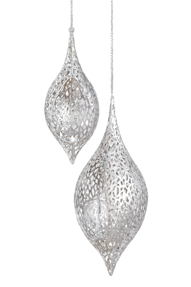 Gilde Hänger Teelichtleuchter Purley 2er Set – Silberne Metall-Windlichter 99cm & 86cm