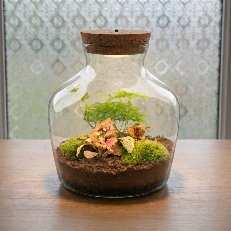 Little Joe Asparagus + Fittonia Ruby Lime - Terrarium with light - Bottle garden DIY kit - Ø 20 cm ↑ 22 cm