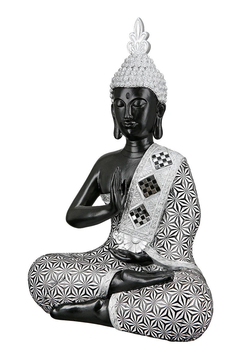 Gilde Figur Thailändischer Buddha 29cm – Dekorative Skulptur aus Polystone Schwarz-Silber
