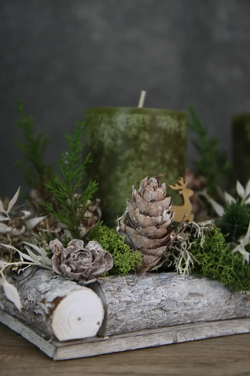 Adventsgesteck länglich Hirsch Tablett – Advent Naturmaterialien