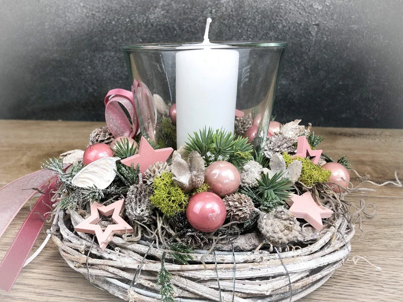 Adventsgesteck 20cm mit Windlicht und Stern – kleines Weihnachtsgesteck